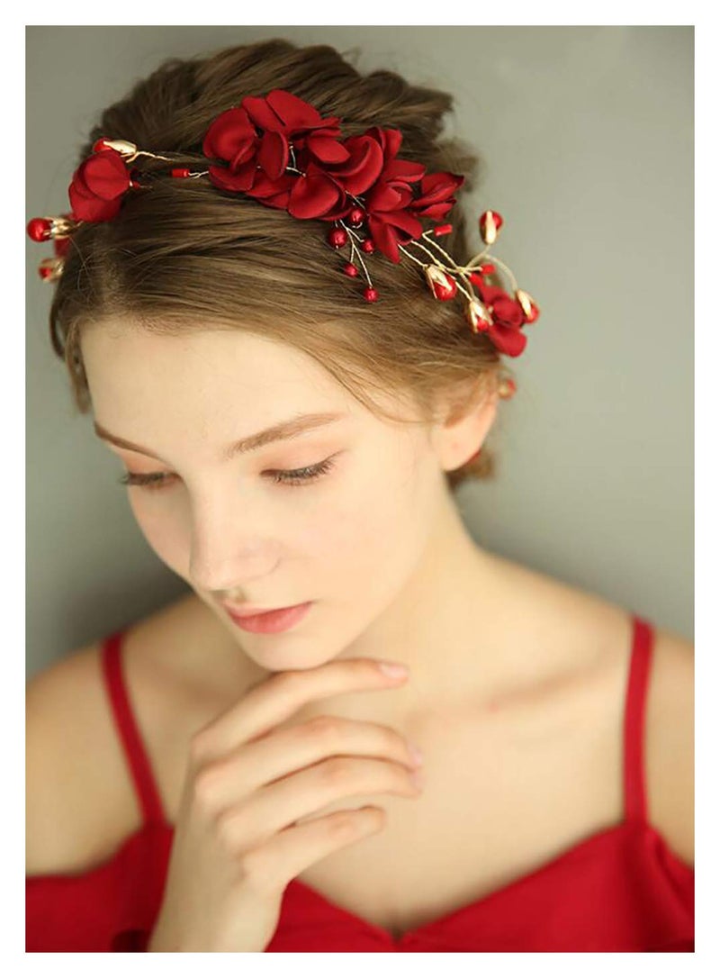 Chargances Wedding Bride Floral Red Headband Crystal Gold Hair Vine with Pearl Rhinestone Hair Accessory Boho Delicate Hair Piece Jewelry for Women and Girls - Image 1